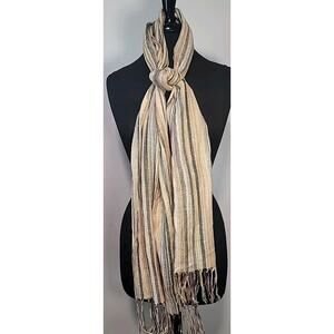 Cejon 100% Viscose Scarf – Beige Striped with Fringe & Sparkle Accents | EUC